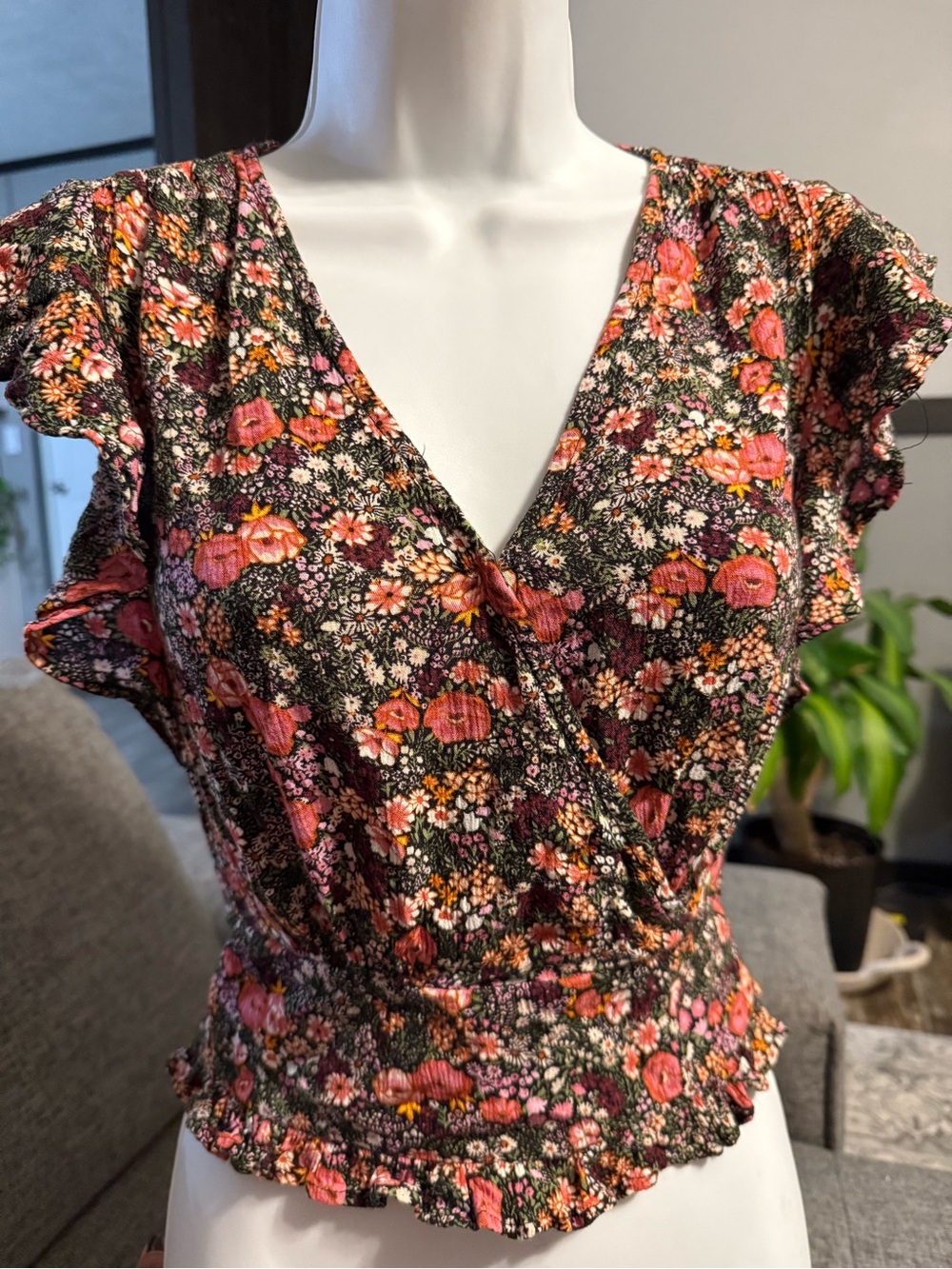 Jessica Simpson Black Floral Wrap Crop Top with Pink and Orange Blooms